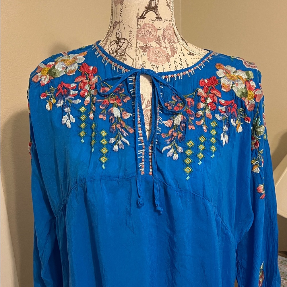 Johnny Was Blue Embroidered Blouse